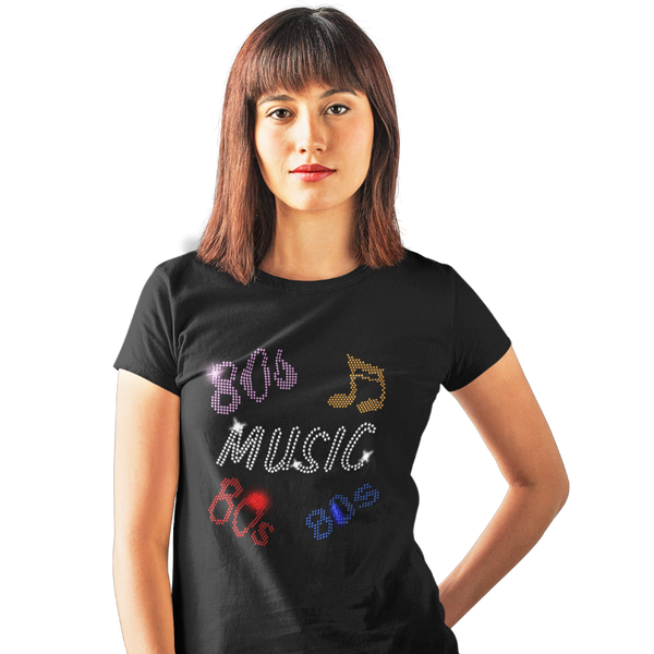 Eighties 80s Music Rhinestud Design Ladies T Shirts or Vests Crystal Design 4 U