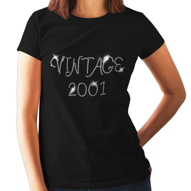 Vintage 2001 (18th Birthday) Crystal Rhinestone Ladies T-Shirt or Vest - Crystal Design 4 U