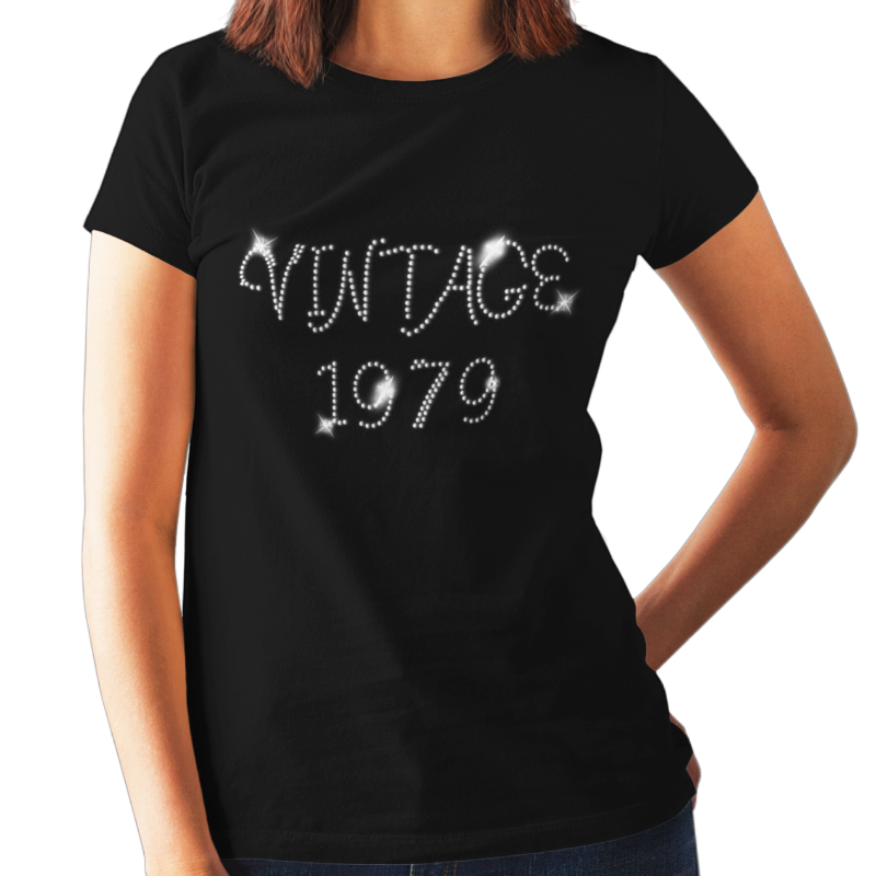 Vintage in 1979 (40th Birthday) Crystal Rhinestone Ladies T-Shirt or Vest - Crystal Design 4 U