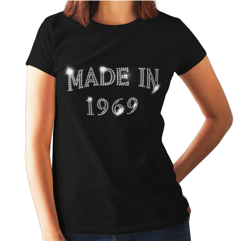 Made in 1969 (50th Birthday) Crystal Rhinestone Ladies T-Shirt or Vest - Crystal Design 4 U