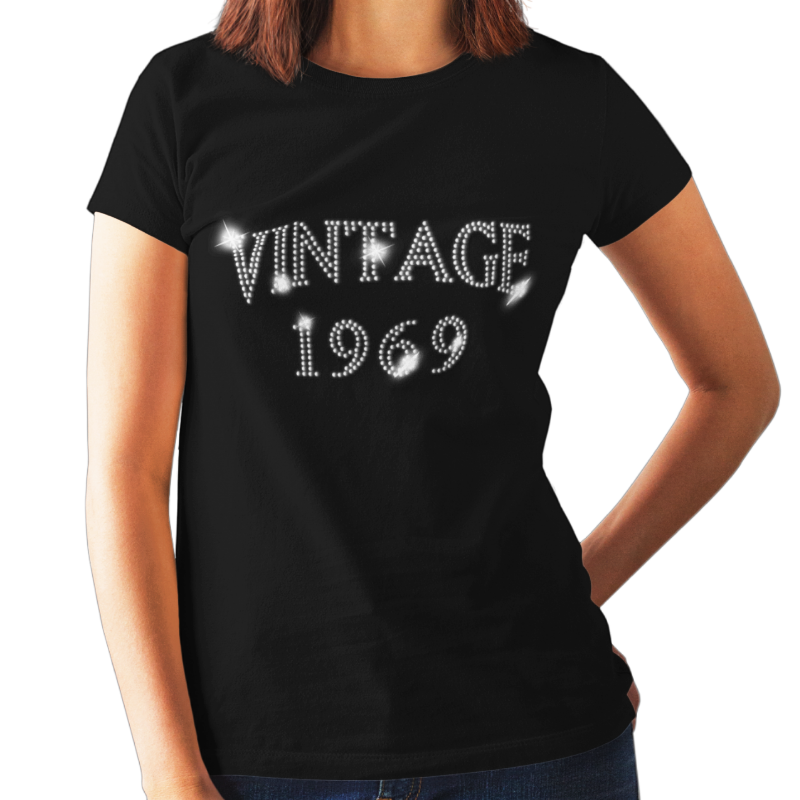 Vintage 1969 (50th Birthday) Crystal Rhinestone Ladies T-Shirt or Vest - Crystal Design 4 U