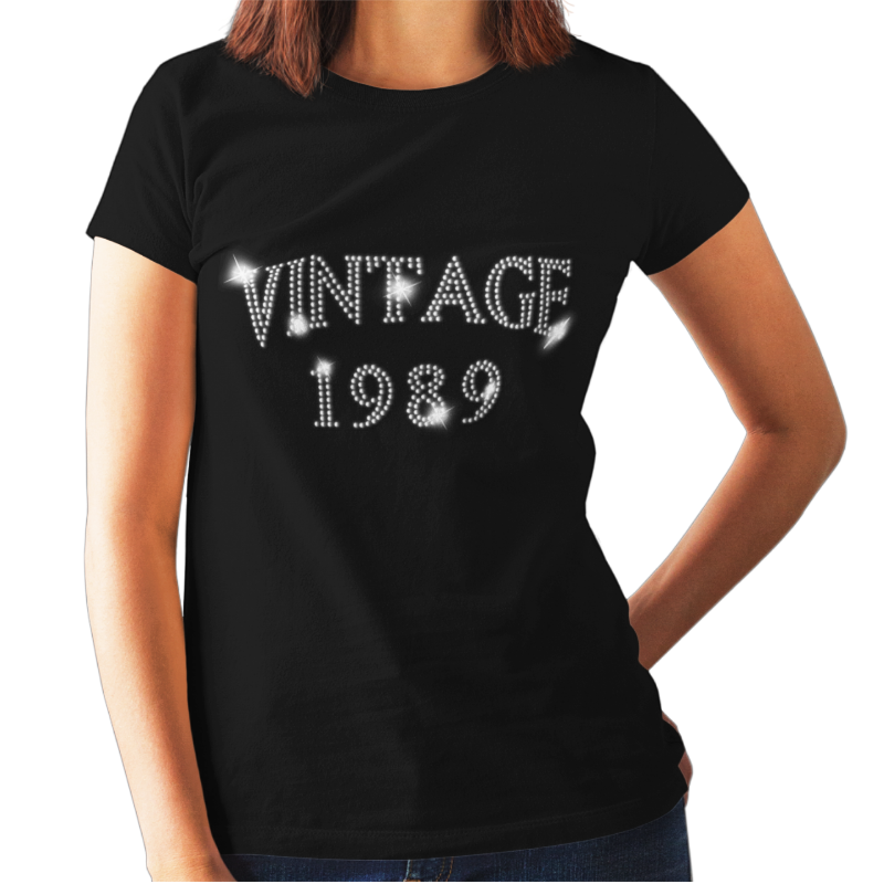 Vintage 1989 (30th Birthday) Crystal Rhinestone Ladies T-Shirt or Vest - Crystal Design 4 U