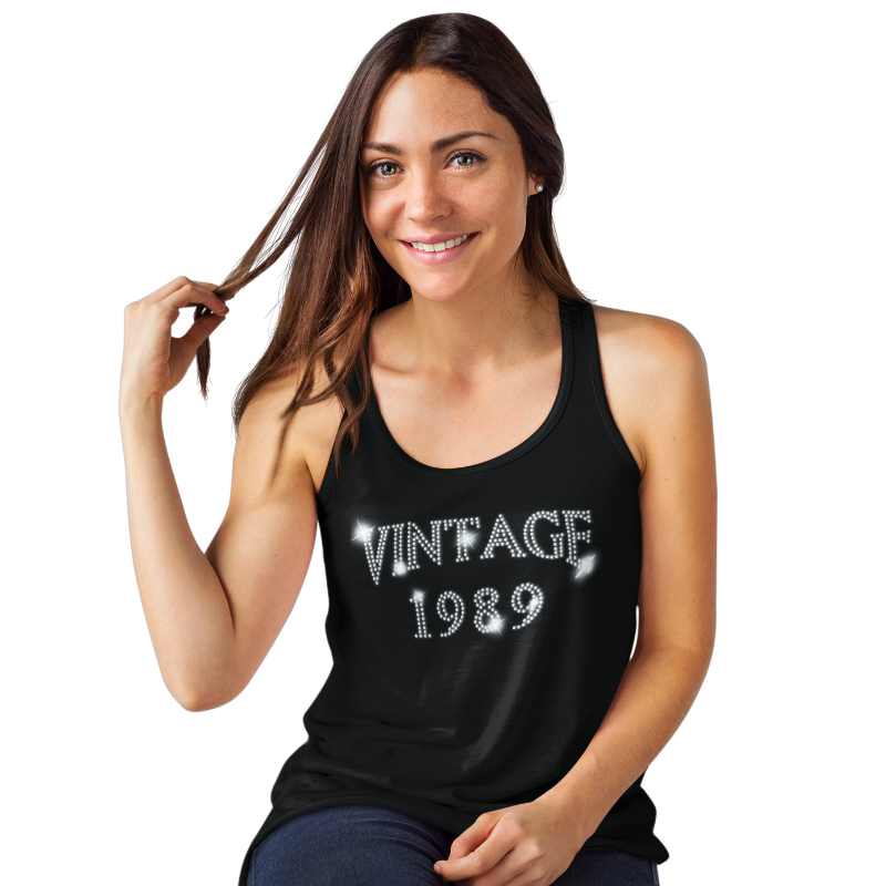 Vintage 1989 (30th Birthday) Crystal Rhinestone Ladies T-Shirt or Vest - Crystal Design 4 U