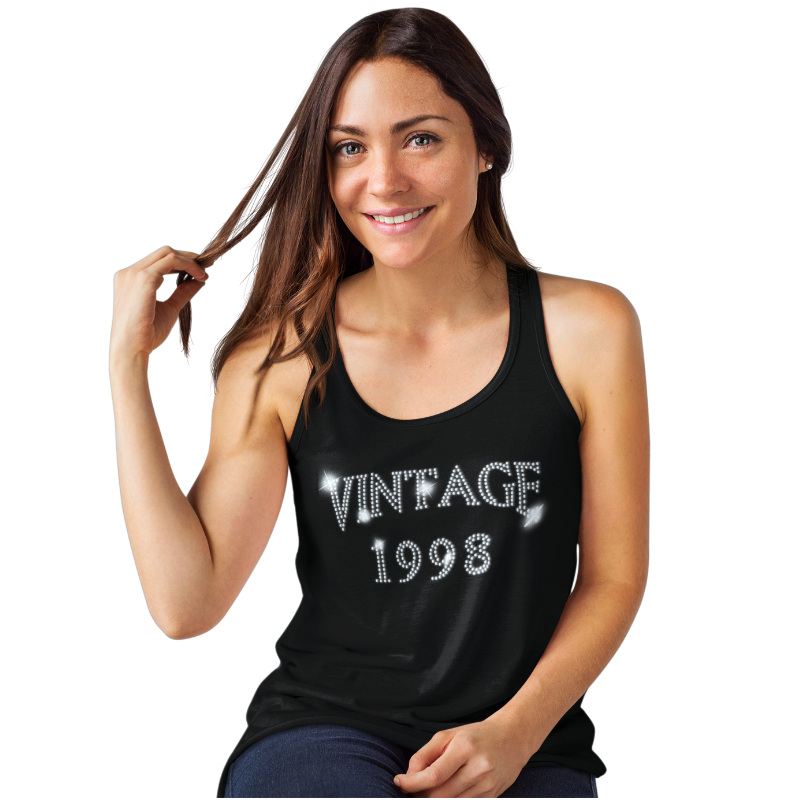 Vintage 1998 (21st Birthday) Crystal Rhinestone Ladies T-Shirt or Vest - Crystal Design 4 U