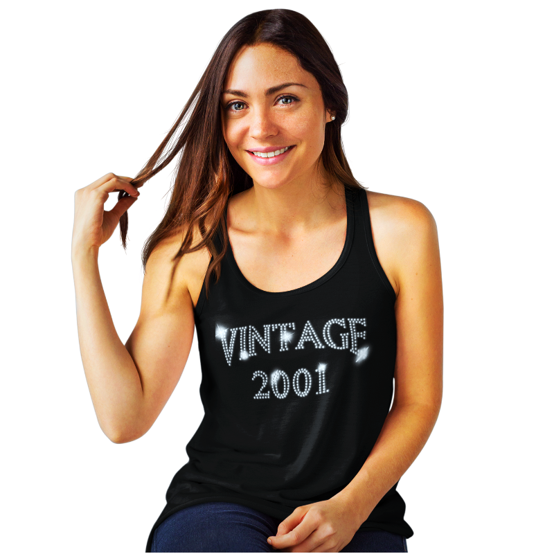 Vintage 2001 (18th Birthday) Crystal Rhinestone Ladies T-Shirt or Vest - Crystal Design 4 U