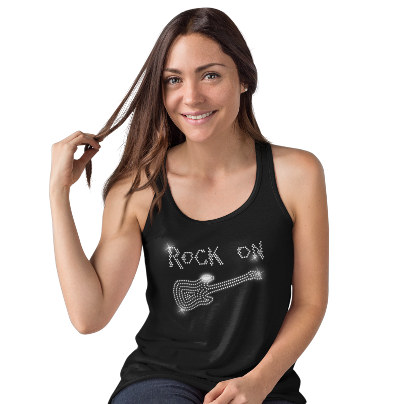 Rock On & Guitar Rhinestud Design T-Shirt or Vest - Crystal Design 4 U